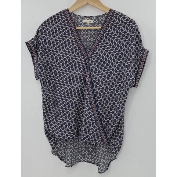 Max Studio‎ Blue & Pink Faux Wrap Hi Low Chiffon Blouse Sm, Boho, Preppy, Office - Picture 2 of 10